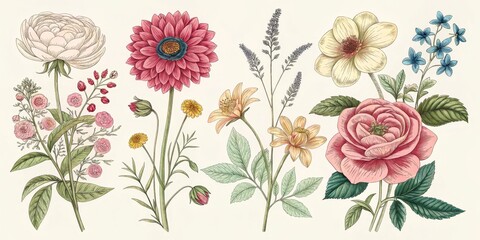Vintage Botanical Flowers Illustration With