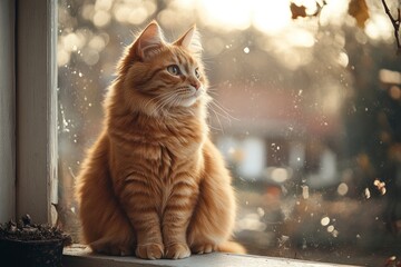 Orange cat sits calmly by the blurry window