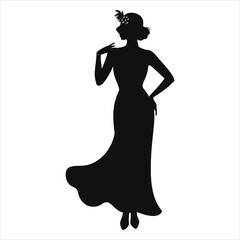 Elegant 1920s Vector Silhouette of a Woman in a Long Gown( 1920s flapper dress)/A sophisticated silhouette of a woman in a flowing 1920s-style gown.