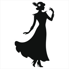 Elegant Vector Silhouette of a 1920s Flapper Girl/A striking silhouette of a glamorous woman in 1920s attire.
