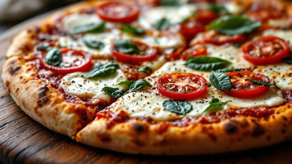 Italian pizza with tomatoes, basil and mozzarella cheese. Close up. 