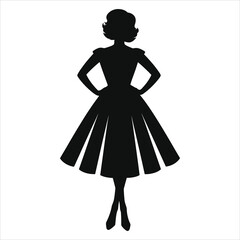 Elegant Vector Silhouette of a Woman in a 1950s Dress(1950s swing dress)/A simple, elegant silhouette of a woman wearing a classic 1950s-style dress.