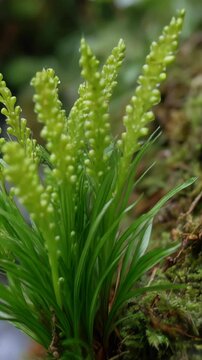Green clubmoss plant growing on mossy surface in forest, low angle close-up shot capturing delicate foliage and natural details of the woodland flora.