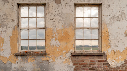 Abandoned building, shattered windows, cracked walls, peeling paint, overcast sky