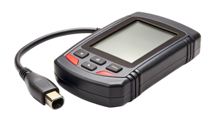 Automotive diagnostic scan tool featuring display screen and connector cable isolated on black