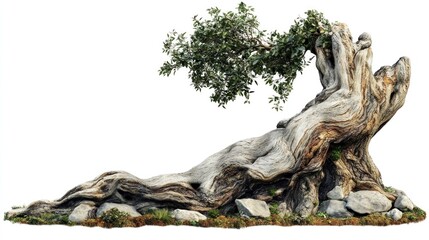 Obraz premium Aged, gnarled bonsai tree trunk, with rocky base and foliage