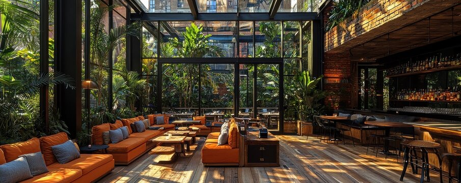 Spacious modern lounge with natural decor and large open windows