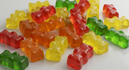 Assorted colorful gummy bears with shiny texture on a white background.