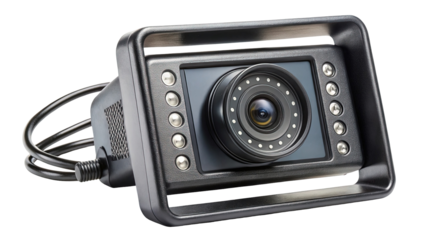 Close up of a black waterproof digital camera with wire and buttons