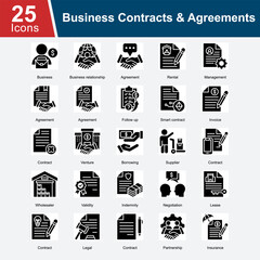 Business Contracts & Agreements is a collection of icons representing various business contracts, including rental agreements, partnership contracts, smart contracts, leases, supplier agreements.