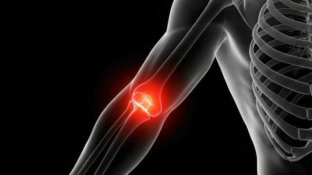 Anatomical illustration of human elbow joint with highlighted red area in medical graphic style