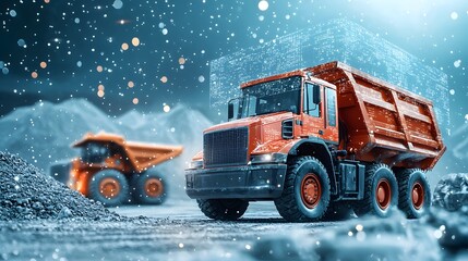 Large powerful mining trucks and heavy traversing a vast wintry open pit environment with real time data visualizations displayed as holographic projections above the vehicles