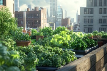 Fototapeta premium Urban rooftop garden brimming with fresh herbs and vegetables.