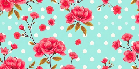 Coral floral vector seamless pattern on polka dot background , bold, element