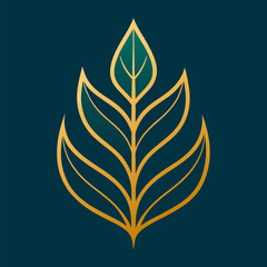 Golden leaves line art background vector on dark blue background.