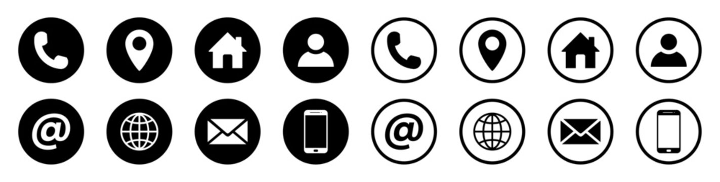 Set of contact and communication icons in silhouette and outline circle style. Contact information icons for business cards. Includes home, map pin, globe, phone call at symbol. Vector illustration.