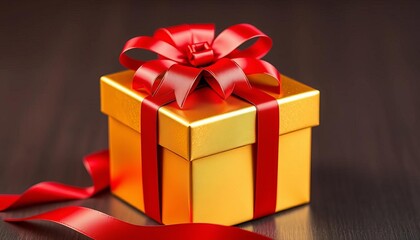 Fototapeta premium Elegant gold gift box with a vibrant red ribbon bow, die-cut detail, elegant, festive