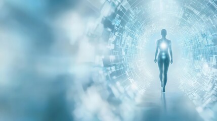 Striking portrait of a woman against an abstract blue and white backdrop