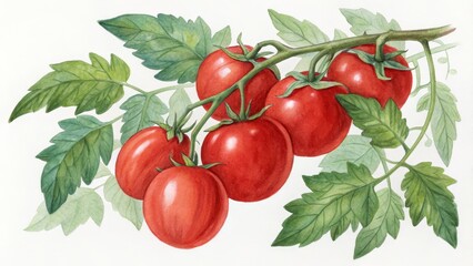 Watercolor Tomatoes on the Vine, Food Art , Botanical Painting