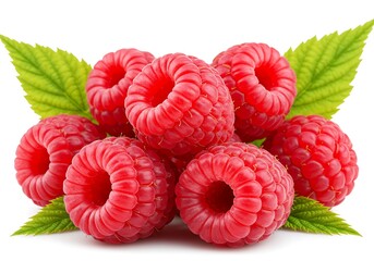 A close up of several raspberries stacked together with green leaves on a white background surface