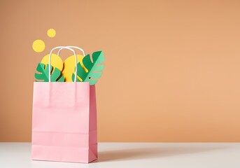 A pink shopping bag filled with paper leaves and circles on a peach colored background studio shot