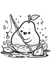 Coloring book pear fishing from a juicy pear boat in a sugary sea.