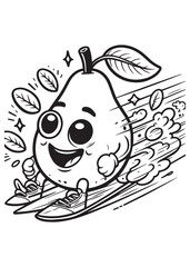 Coloring book pear roller skating with leaves and sparkles