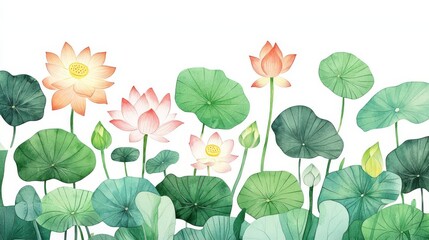 A serene collection of blooming lotus flowers surrounded by lush green leaves, symbolizing tranquility and beauty.