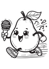 coloring book  pear running and singing into a microphone with musical notes.