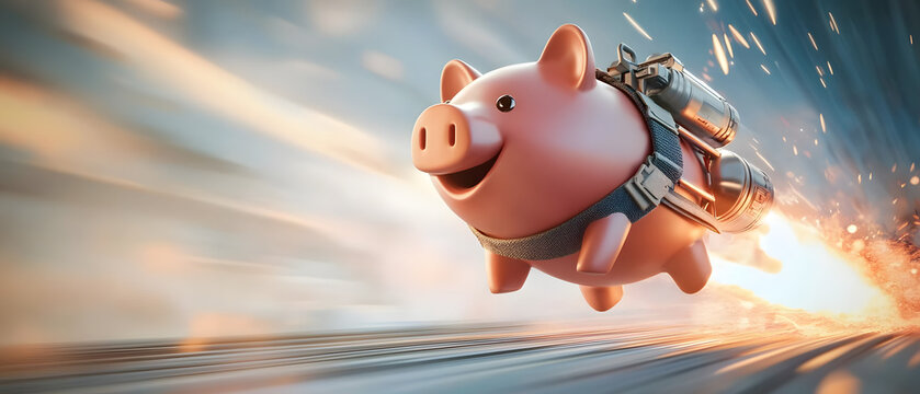 A piggy bank with a jetpack flies through the air, humorously illustrating the concept of rapid financial growth or savings acceleration