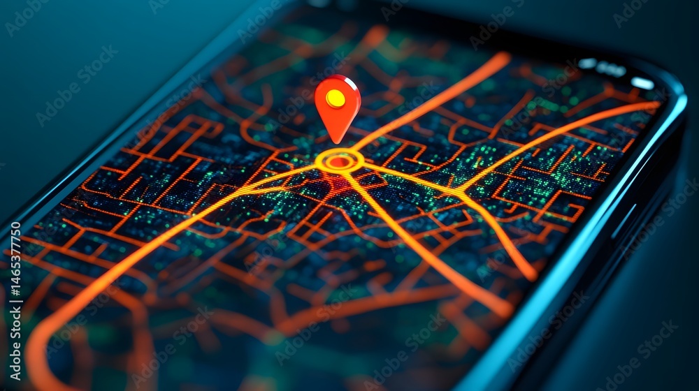 Poster close up view of a digital map application on a smartphone displaying route details and a gps pin dr