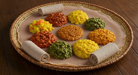 Authentic ethiopian food platter injera and assorted stews vegetarian vegan healthy cuisine delicious