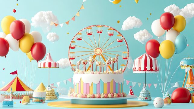 A vibrant carnival-themed birthday celebration featuring a colorful cake, festive balloons, a Ferris wheel, and playful decorations set against a cheerful blue sky backdrop