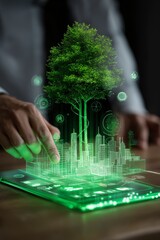 Sustainable city design on a digital interface with green tree.