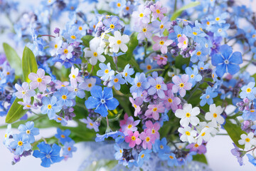 Bouquet of spring flowers forget-me-nots and omphalodes close-up in a vase, blur, beautiful card