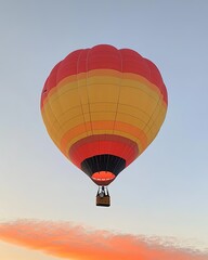 Naklejka premium A vibrant hot air balloon with red, orange, and yellow stripes floats gracefully against a pastel sky at sunset, creating a picturesque scene ideal for travel and adventure themes