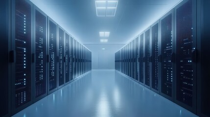 Fototapeta premium Modern data center hallway with highperformance server racks and advanced technology infrastructure