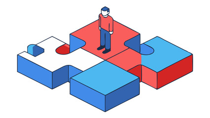 Person standing on interconnected puzzle pieces symbolizing teamwork collaboration and problem