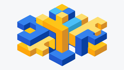Obraz premium Abstract 3D puzzle blue and gold geometric shapes interlocking blocks modern design isometric view