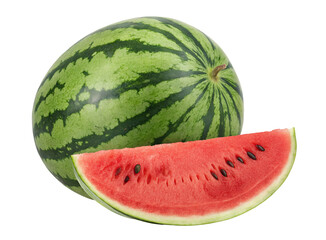 Whole watermelon with green rind and a slice of red watermelon with seeds on a black background on transparent background
