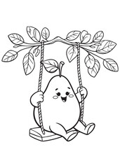 Coloring book pear on a branch swing surrounded by leaves.