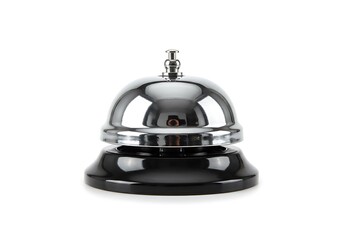A shiny silver service bell with a black base sitting on a plain white surface in a studio shot