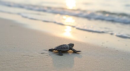 A newborn sea turtle hatchling makes its way towards the ocean on a sandy beach at sunset.