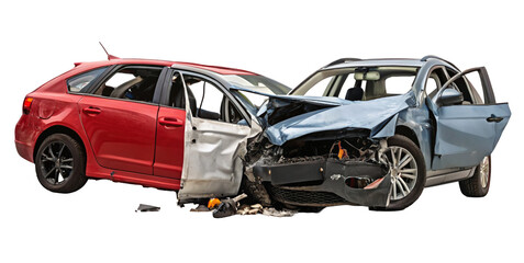 Head on collision of a red and blue car with extensive damage and open doors on a black background on transparent background