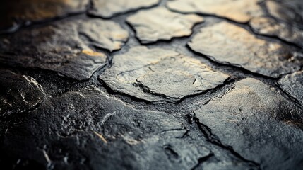 Close-up view of dark stone paving slabs.  Intricate patterns and textures