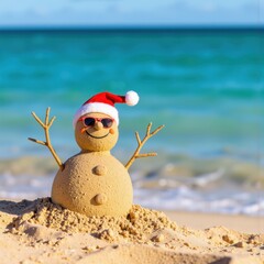 a snowman wearing sunglasses and a santa hat on the beach