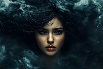 Fototapeta premium sad girl with depression or anxiety disorder, mental health, stormy black cloud symbolizing heavy thoughts