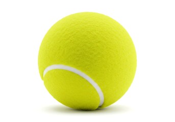 A single bright yellow tennis ball with a white line on a white background in a studio shot view