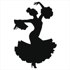 Graceful Vector Silhouette of a Flamenco Dancer/A striking black silhouette of a woman performing a flamenco dance.