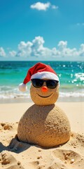 a sandman wearing sunglasses and a santa hat on the beach